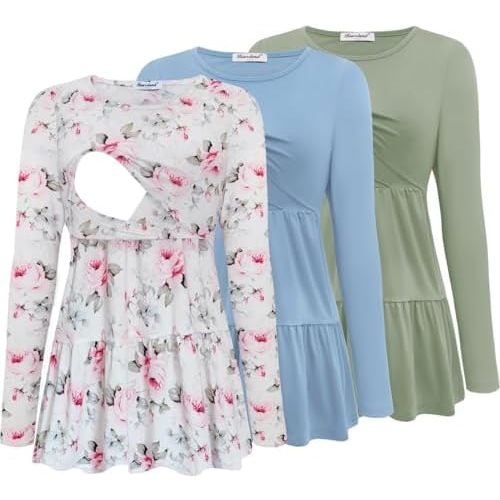 Bearsland Women’s Nursing Top 3pack Long Sleeve Scoop Neck Breastfeeding Shirts Nursing Shirt