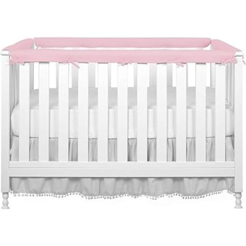 Pink/White Reversible Crib Rail Covers, Three-Layers of Thickened Material to Protect Baby's Teeth, Soft Anti-Collision Crib Teething Rail Cover, Strip Corner Baby Bed Chewing Guard Rail, 4-PCS