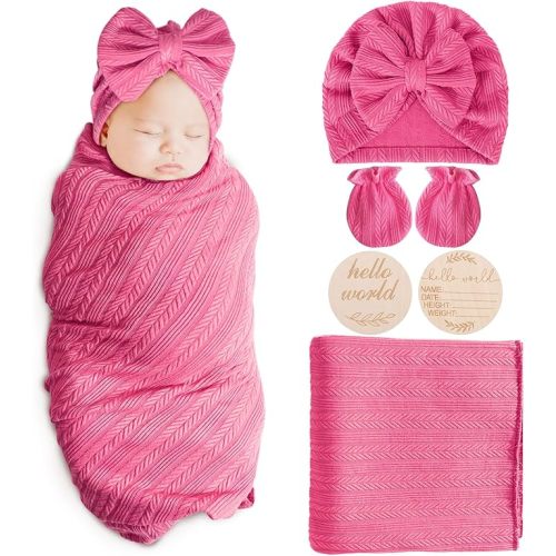 Newborn Receiving Blanket with Bow Hat Mittens Wooden Card Set Wheat-Pattern Newborns Toddler Baby Boy Girl Nursery Swaddle Wrap
