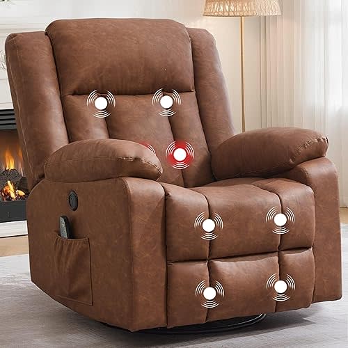 Korser Rocker Recliner, Glider Recliner Chairs for Adults, 360° Swivel Rocking Chair with Massage and Heating, Nursery Chair with Storage and USB Charging, Coffee Brown, Swivel Rocker Recliner