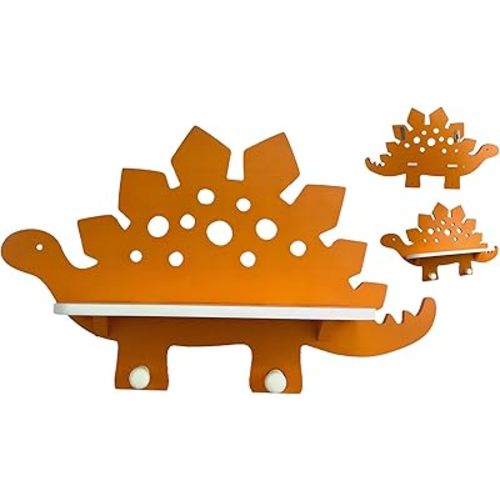Dinosaur Wooden Wall Shelf Parlor Boudior Children's Decorative Orange Dinosaur Wall Shelf with Hanging Pegs for Nursery, Game Room, Living Room, Play Room,Kid's Room, Bedroom