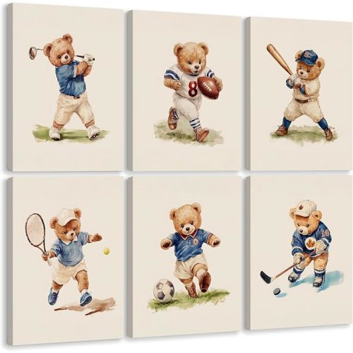 Nursery Bear Sports Wall Art Vintage Boy Room Canvas Wall Decor Baby Teddy Bear Pictures Boy Nursery Art Prints Kids Animal Poster Artwork for Toddler Bedroom Playroom 12x16 Inch Ready to Hang 6Pcs