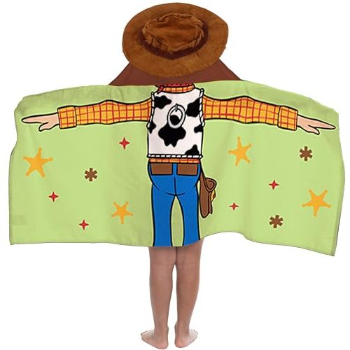 Disney Toy Story Woody Cartoon Kids Hooded Towel Costume Bath Wrap, Green | 22 x 51 Inches, Official Product, Soft Cotton Terry, Absorbent, Dress Up, Beach Pool Swimming, Machine Washable, Kids Gift