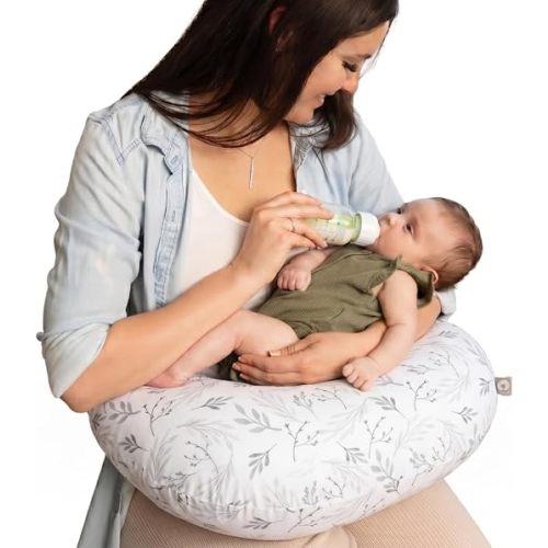 Boppy Nursing Pillow - Verified Safe Breastfeeding Pillow with Softer Fill for Comfortable Support, Machine Wash & Dry Cover, Non-Toxic Materials - Gray Gentle Leaves