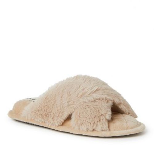 Dearfoams Women's Jessica Furry Crossband Slide Slipper - Latte Size L