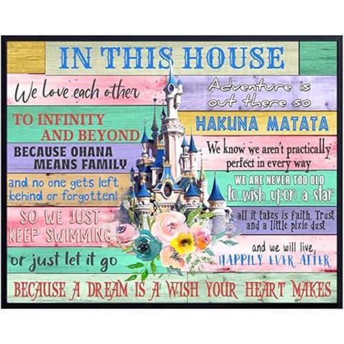 Magical Quotes Wall Art 11x14 - Castle Wall Decor Inspirational Movie Sayings - No Worries Family Rules Sign - Princess Room Decor for Girls Bedroom, Kids Art Magical Prints, Colorful Home Decoration
