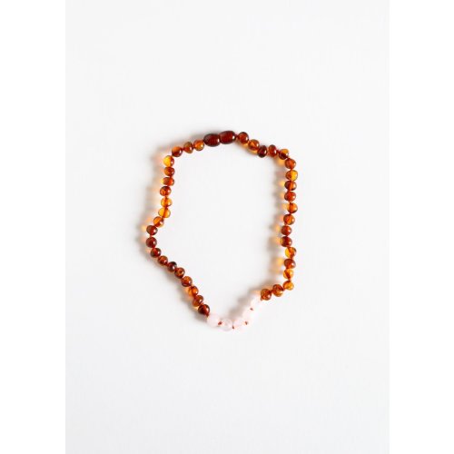 Teething Necklace; Polished amber + Rose Quarts.