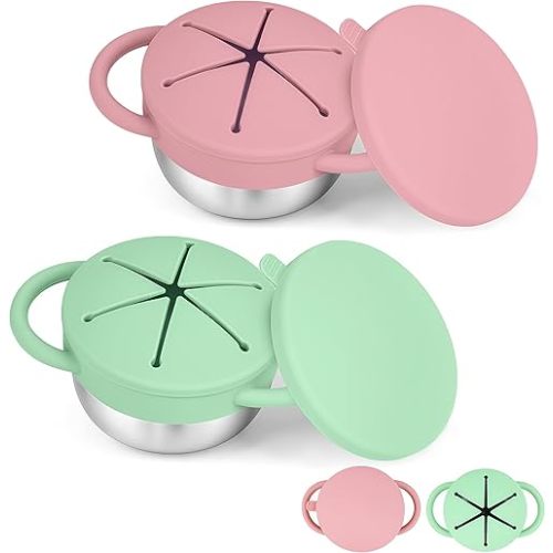 2-Pack Stainless Steel Snack Cup for Toddlers Spill-Proof, Baby Food Containers with Removable Silicone Lids & Handles | Dishwasher Safe, BPA-Free On-the-Go Kids Snack Containers Box