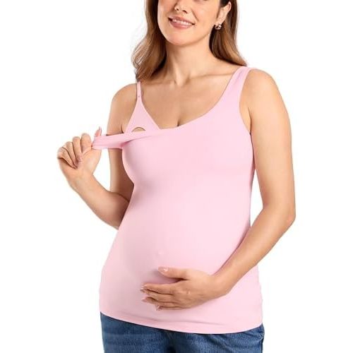 MOMANDA Maternity Nursing Tank Tops with Built in Bra Sleeveless Casual Pregnancy Tee V Neck Workout Shirt