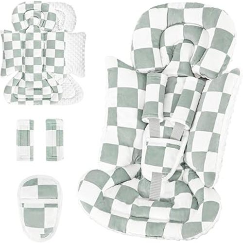 DILIMI Infant Car Seat Insert, Baby Car Seat Head Support with 3 Strap Paddings, Soft Newborn Car Seat Cushion for Stroller, Swing, Bouncers, Green Checkered