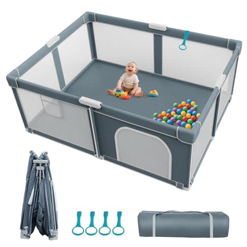 Foldable Baby Playpen - 70"×59" Collapsible Play Pen for Babies and Toddlers - Indoor Outdoor Foldable Play Yard with 4 Handles - Folding Baby Playpen with Bag Portable Travel Play Yard