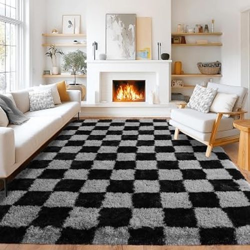 Pionblank 8x10 Area Rugs for Living Room, Fluffy Plush Checkered Rug for Bedroom, Modern Shag Non Slip Soft Furry Large Carpet for Kids Room Nursery Home Decor, Black and Grey