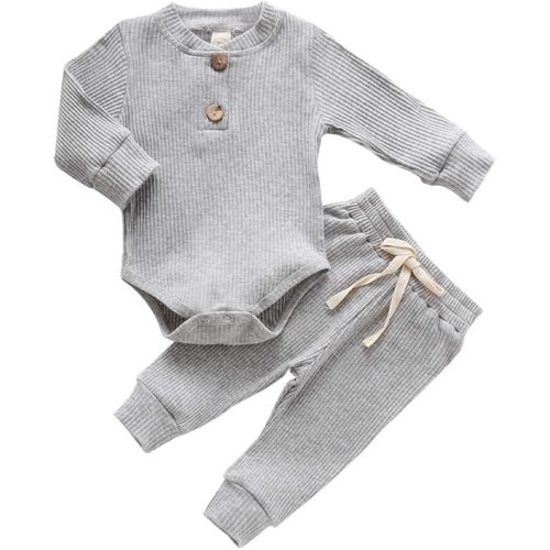 Newborn Baby Boy Girl Clothes Ribbed Knitted Cotton Long Sleeve Romper Long Pants Solid Color Fall Winter Outfits
