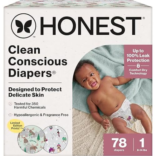 The Honest Company Clean Conscious Diapers for Delicate Skin | Up to 100% Leakproof | Hypoallergenic, Fragrance Free | Winter '25 Limited Edition Prints | Club Box, Size 1 (8-14 lbs), 78 Count