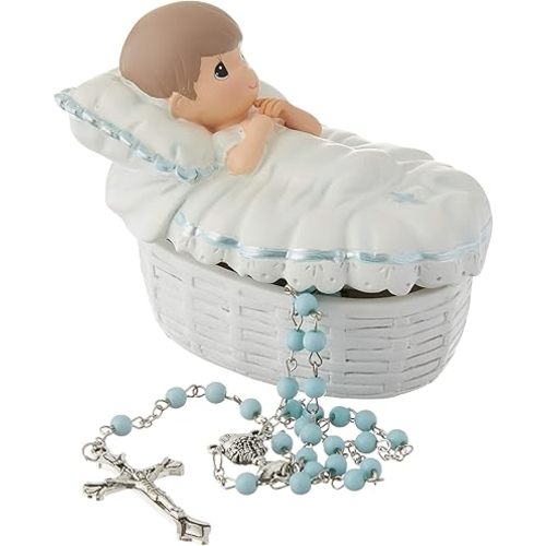 Precious Moments Baptism Gift, Boy's Resin Rosary Box with Hand-Painted Details, Perfect Keepsake, 153409