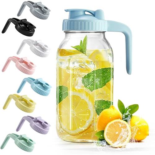 Mason Jar with Pour Spout Lid V-shaped, 2 Quart Iced Tea Pitcher Double Leak Proof, 64 oz Drink Pitcher for Breastmilk, Sun Tea, Juice, Coffee Creamer