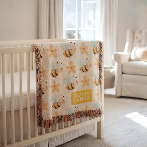 Personalized Bee Baby Blanket, Custom Name Bumblebee Throw for Girls, Cute Nursery Decor or Baby Shower Gift, Bee Blanket Bee Themed Nursery