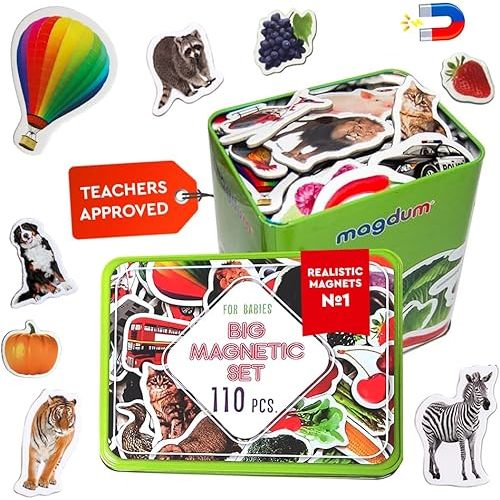 110 Fridge Magnet for Toddlers in Gift Tin Box Kids Magnets for Fridge - Realistic Magnetic Animals for Refrigerator - Safe Educational Materials for Baby: Zoo, Farm, Fruits, Vegetables, Transport