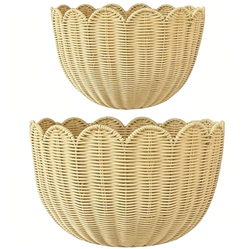 Scalloped Wall Basket 2PCS, Wicker Wall Basket with Hook | Scalloped Wall Decor for Nursery, Bathroom, Kitchen, Living Room - Natural Handcrafted Woven Home Decor