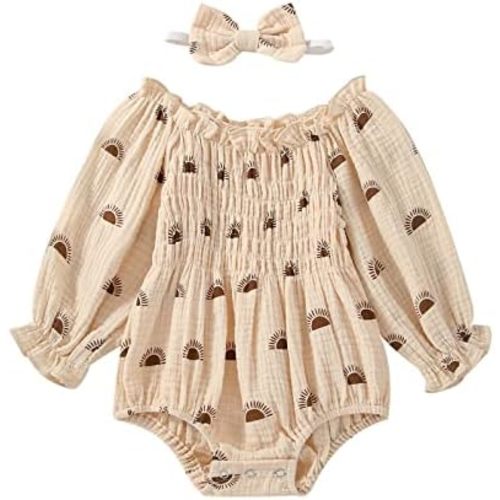 2pcs Infant Baby Girls Romper Dress Headband Long Sleeve Clothing Flowers Newborn Boho Girl Outfit Jumpsuit Clothes