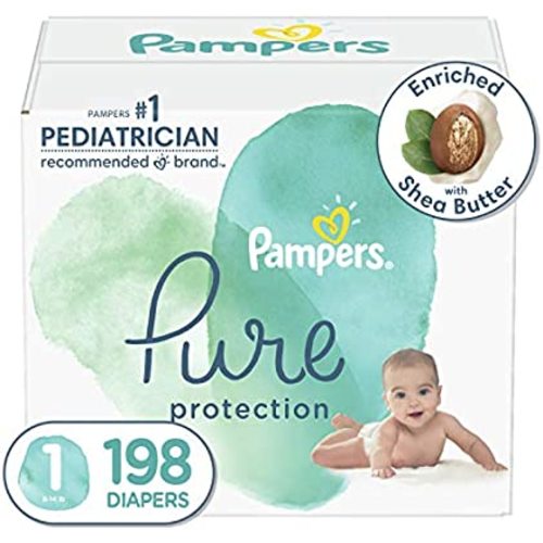 Diapers Size 1, 198 Count - Pampers Pure Protection Hypoallergenic Disposable Baby Diapers for Sensitive Skin, Fragrance Free, (Packaging May Vary)