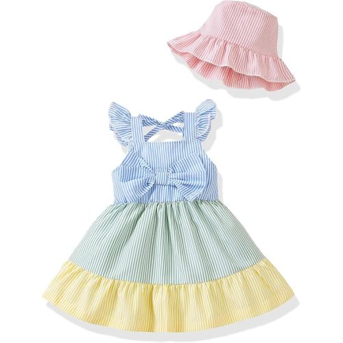 Renotemy Infant Baby Girl Dresses Toddler Girl Clothes Summer Cotton Linen Boho Smocked Sundress Gift for Girls with Hat
