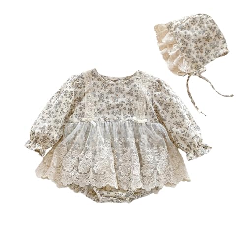 Baby Girl Floral Romper, Long Sleeve Lace Dress Bodysuit with Bonnet, Princess Style Outfit for Newborn and Infant