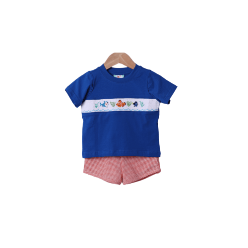 Smocked Sea Friends Blue Gingham Short Set