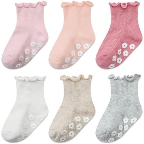 Mother's Choice Organic Cotton Blend Baby Socks 6M–5Y, Non-Slip 6 Pairs Grip Ruffle Socks For Infants & Toddlers, Daily Use