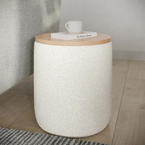 Storage Ottoman with Wood Top, Cream