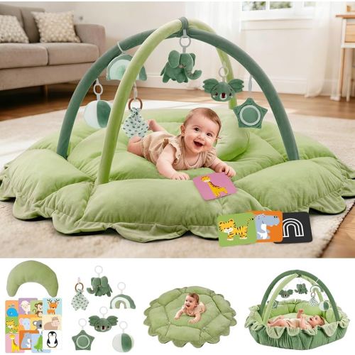 5-in-1 Baby Activity Gym & Play Mat with 6 Hanging Toys, Tummy Time Pillow & Cards - Extra Large, Reversible Machine Washable Pad - Gift for Newborns, Infants 0-12 Months, Green