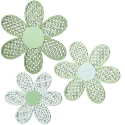 Maitys 3 Pcs Boho Daisy Flower Wall Decor Nursery Art,Gradient Sage Green | Natural Rattan Flower Hanging, Farmhouse Nursery Decor for Girls Playroom Bedroom, Wooden Boho Aesthetic Home Decoration