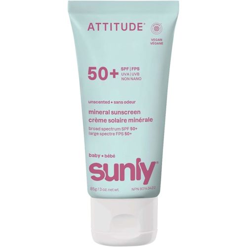 ATTITUDE Baby Mineral Sunscreen SPF 50, Broad Spectrum Zinc Oxide, EWG Verified, Mineral-Based, Non-Nano, Lightweight Cream for Face & Body, Gentle Formula, Unscented, 3 Oz