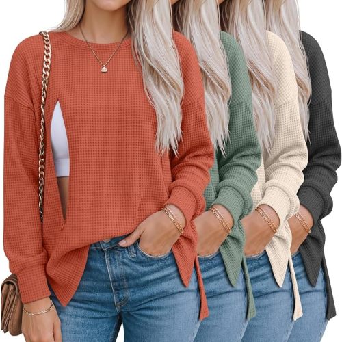 Ficerd 4 Pack Women Waffle Nursing Shirts Breastfeeding Tops