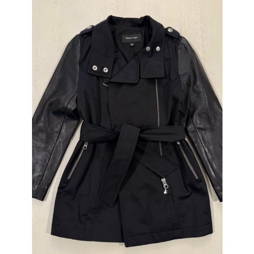 Mackage Black Mixed-Media Leather-Sleeve Trench Coat