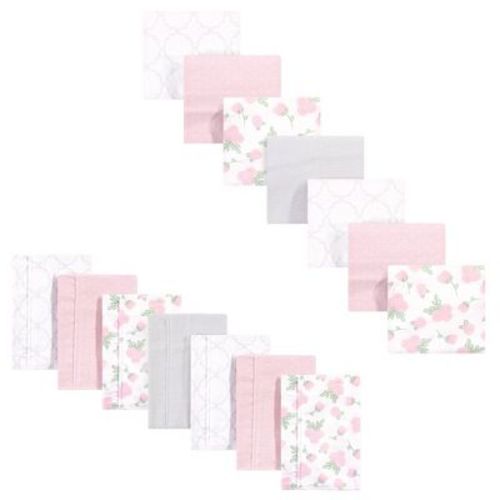 Hudson Baby Infant Girls Cotton Flannel Burp Cloths and Receiving Blankets Set, 14-Piece, Pink Rose, One Size