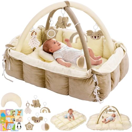 5-in-1 Baby Play Gym and Tummy Time Mat, Tummy Time Pillow & 12 Learning Cards, Plush Activity Mat with 6 Toys, Baby Gym, Convertible to Ball Pit, Cream