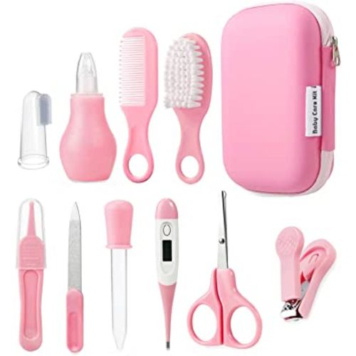 PandaEar Baby Healthcare and Grooming Kit, Baby Safety Set Baby Comb, Brush, Finger Toothbrush, Nail Clippers, Scissors, Nasal Aspirator, Baby Essentials Nursery Care Kit (Pink)