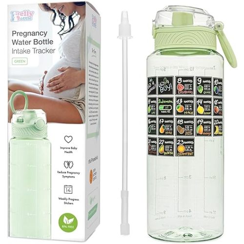 BellyBottle Pregnancy Water Bottle Tracker Must Haves for Expecting Moms Nausea Relief + Straw + BPA Free Green