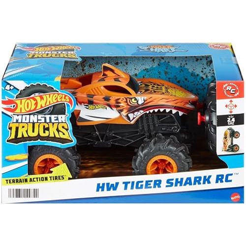 Hot Wheels Monster Trucks RC 1:24 Scale Tiger Shark Vehicle, Oversized Remote-Control Toy Truck with Terrain Action Tires
