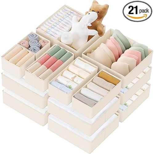 Criusia Drawer Organizer Clothes, 21 Pack Dresser Organizer for Baby Clothes, Underwear, Sock - Foldable Closet Organization and Storage Dividers Bins for Nursery, Bedroom (Beige)