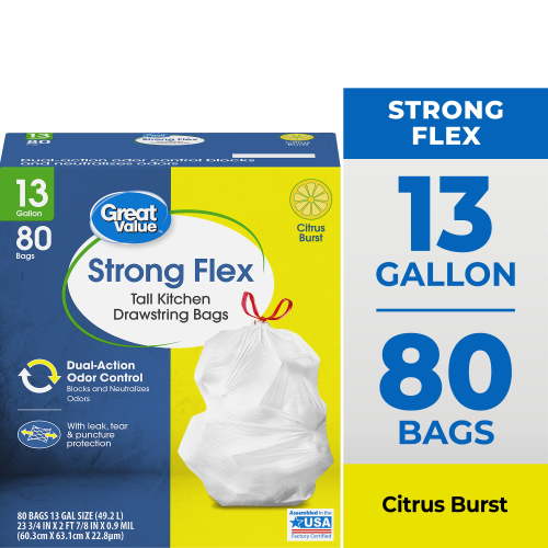 Great Value Strong Flex 13 Gallon Tall Kitchen Drawstring Trash Bags Citrus Burst 80 Count