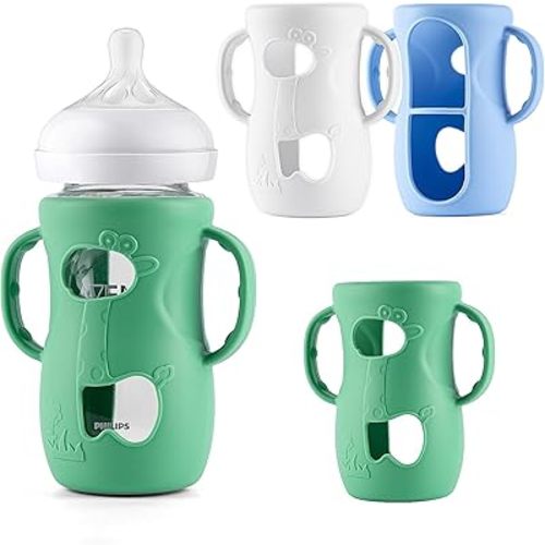Desing Wish 3 Pack 8oz Silicone Sleeves with Handles for Avent Glass Natural Baby Bottles, Anti Breakage Protective Sleeves Compatible with Philips Avent Glass Baby Bottle 8 oz - Giraffe