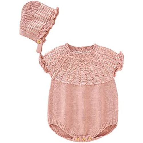 Newborn Baby Girls Knitted Sweater Romper Short Sleeve Jumpsuit Fall Winter Outfits Infant Ruffle Onesi𝐞 with Hat
