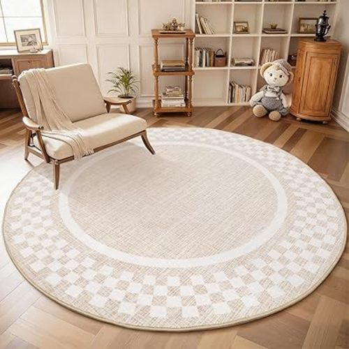 GarveeHome 6ft Washable Round Rug for Entryway Checkered Bedroom Circle Rug