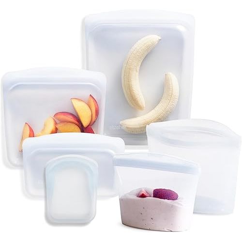 Stasher Premium Silicone Reusable Food Storage Bags, 6-Pack, Clear, Multi-Use Food Storage Bags, Lunch Bag, Travel Containers, BPA Free, Leak-free, Dishwasher-Safe, Eco-friendly
