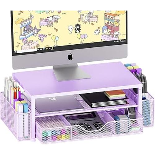 Desk Organizers and Accessories, 2-Tier Computer Monitor Stand Riser with Drawer and 2 Pen Holders, Laptop Stand, Office Desk Accessories for Office Supplies, Purple