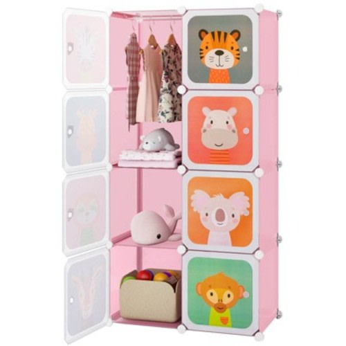 Costway 8-Cube Kids Wardrobe Baby Dresser Bedroom Armoire Clothes Hanging Closet with Doors Pink