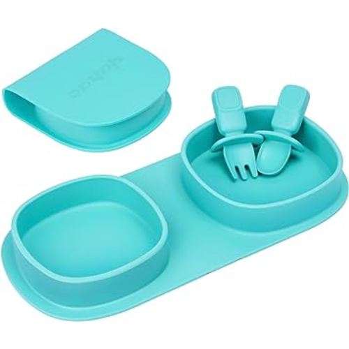 Silicone Foldable Novelty Dinner Plates,Baby Plates Travel Essential with Forks and Spoons,Microwave & Dishwasher Safe,Aqua