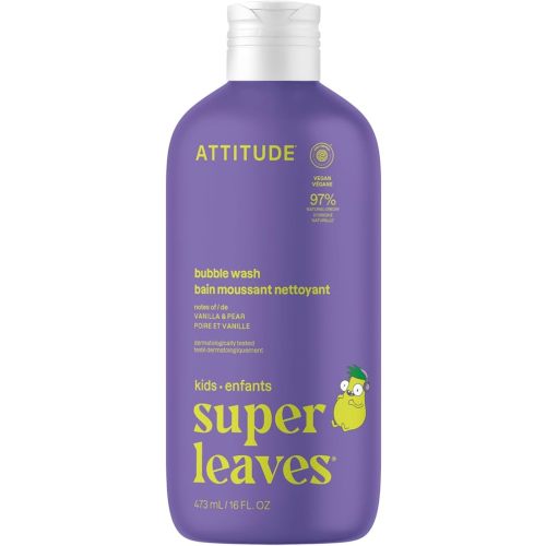 ATTITUDE Bubble Wash for Kids, Made in Canada, EWG Verified Bubble Bath, Hair Shampoo and Body Soap, Dermatologically Tested, Plant- and Mineral-Based, Vegan, Vanilla & Pear, 473 mL